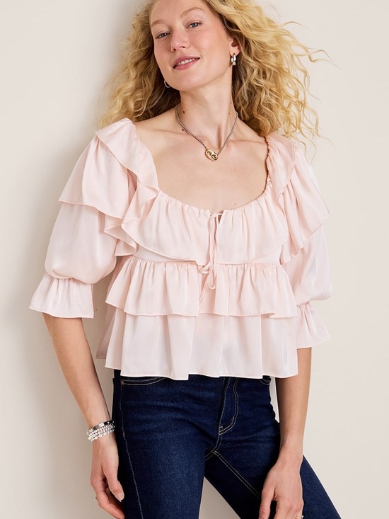Francesca's Collections Tops - Francesca's Blush Pink Ella Ruffle Tiered Satin Tie-String Babydoll L Blouse NWT